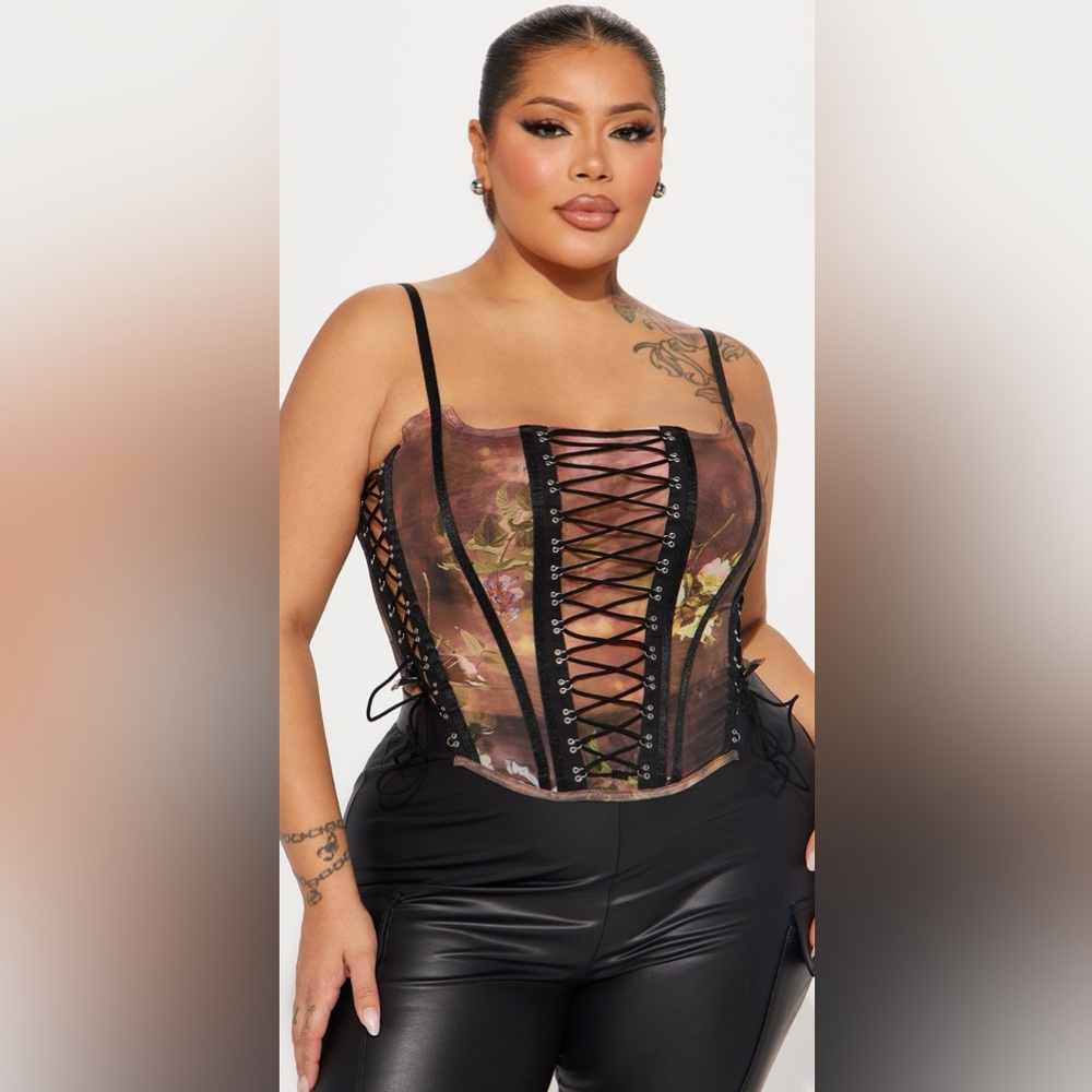 Fashion Nova Floral Lace-Up Corset Top - Black and Brown